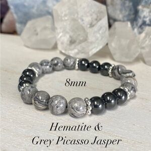 8mm Hematite & Grey Picasso Jasper Gemstone Bracelet - Unisex
